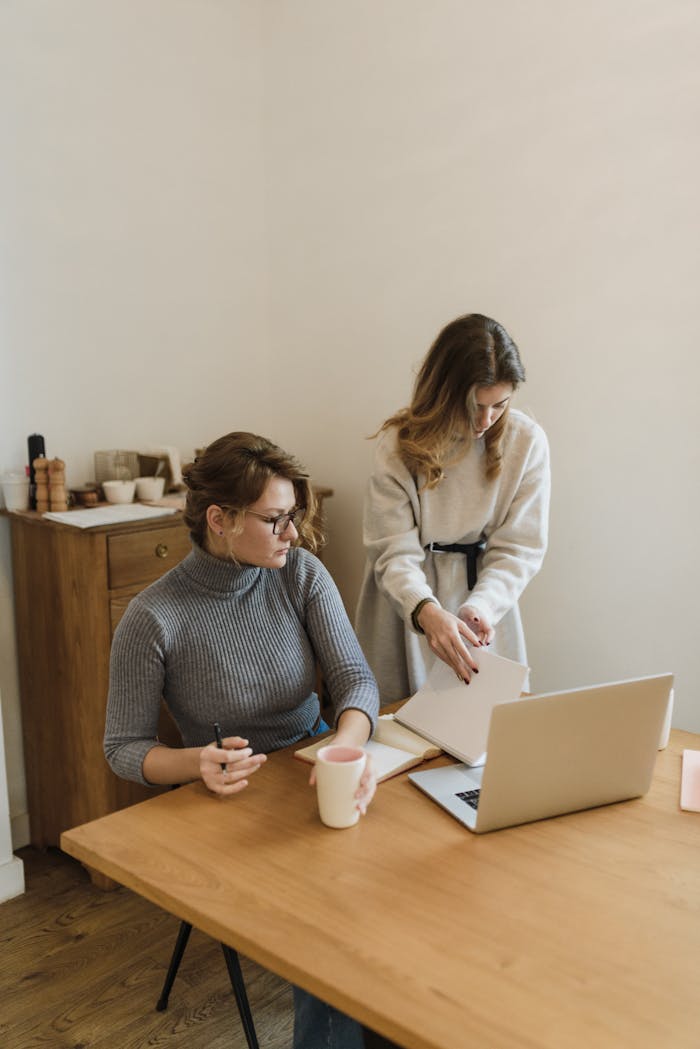 Two women working together at a desk with a laptop, in an office setting.